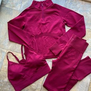 PINK VS seamless red Burgundy active wear legging long sleeve sports bra set